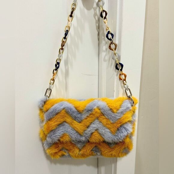 Real Mink Fur Colorblock Herringbone Pattern Slouchy Bag/ Shoulder Bag/Crossbody - Picture 1 of 16